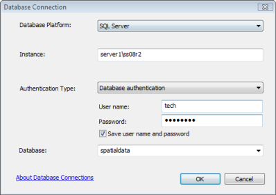Example connection to a database on a SQL Server named instance using database authentication Example connection to a database on a SQL Server named instance using database authentication